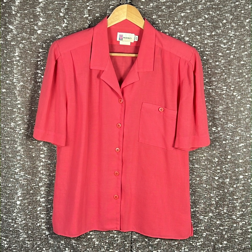 Vintage Prophecy Square Womens Blouse Top Pink‎ Button-Up Short Sleeve Pocket